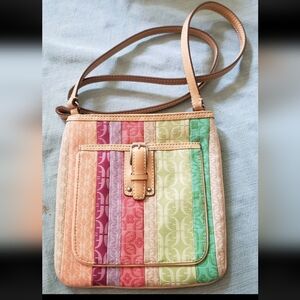 Fossil Crossbody Zip Bag - Multicolor Logo Fabric-Leather Strap & Zip Pull- NWOT